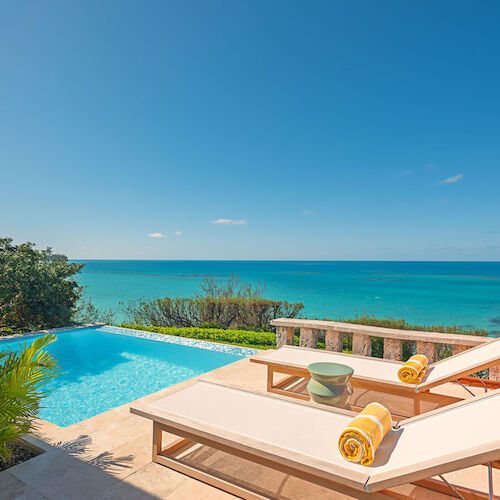 A beautiful seaside view with two lounge chairs by an infinity pool, palm plant, and the clear blue ocean under a bright, sunny sky.