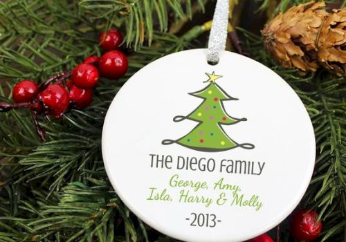 A round Christmas ornament with a tree design, featuring 