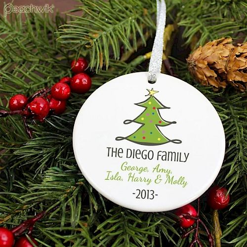 A round Christmas ornament with a tree design, featuring 