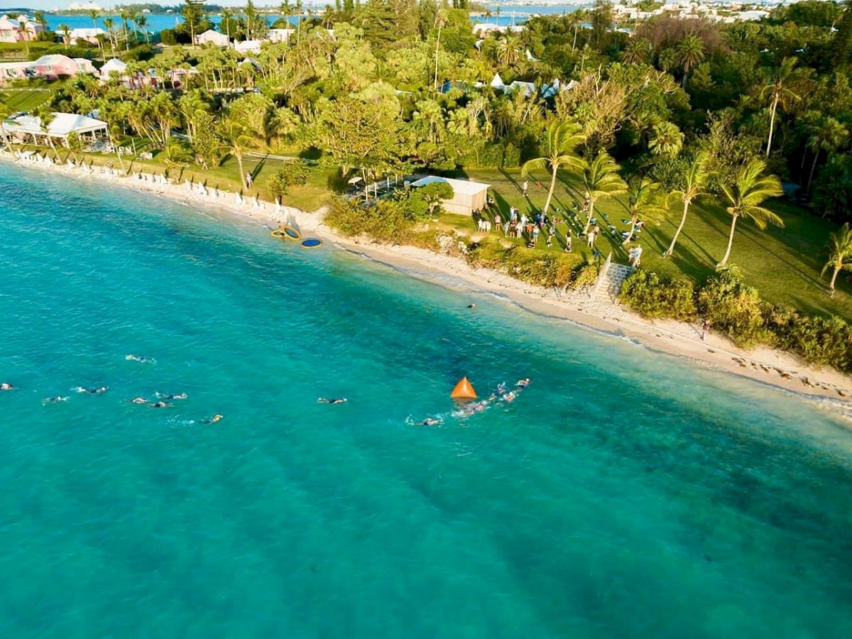 Aerial view of a tropical beach with people swimming near the shore; lush greenery and palm trees line the beach with buildings in the background.