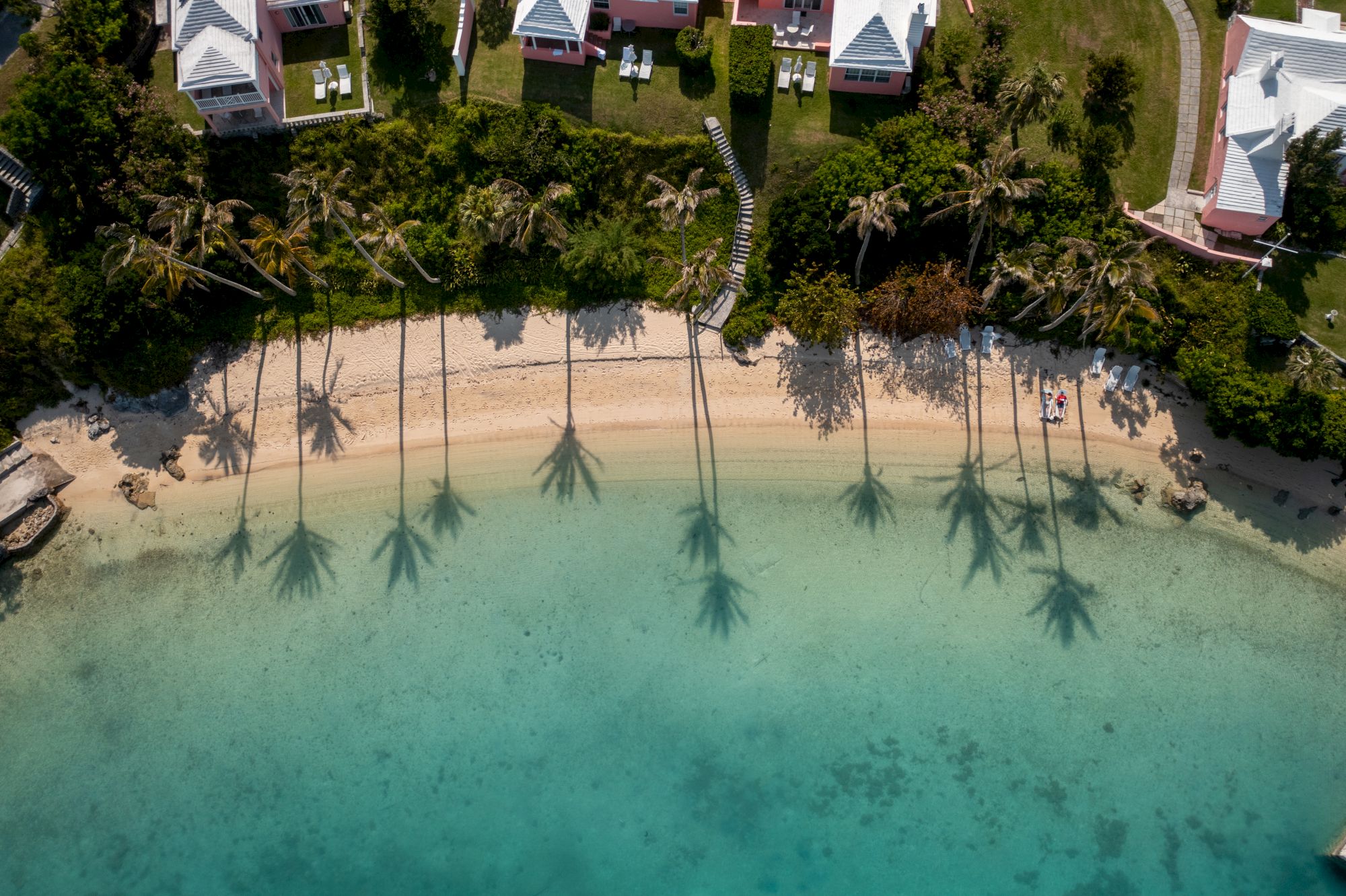 An aerial view of a beach with palm trees casting shadows on the sand, clear turquoise waters, and houses with white rooftops in the background.