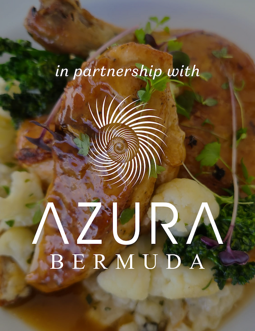 A dish of food with text overlay: "in partnership with AZURA BERMUDA" featuring what looks like chicken, vegetables, and a sauce.