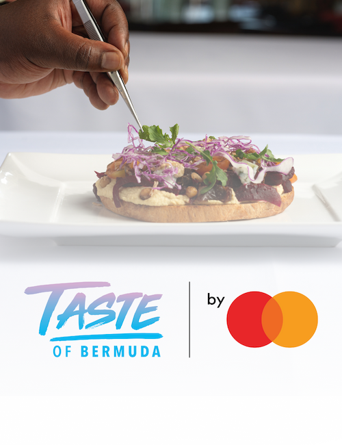 A hand garnishes a dish on a rectangular white plate, with "Taste of Bermuda by Mastercard" text and logos beneath the image ending the sentence.