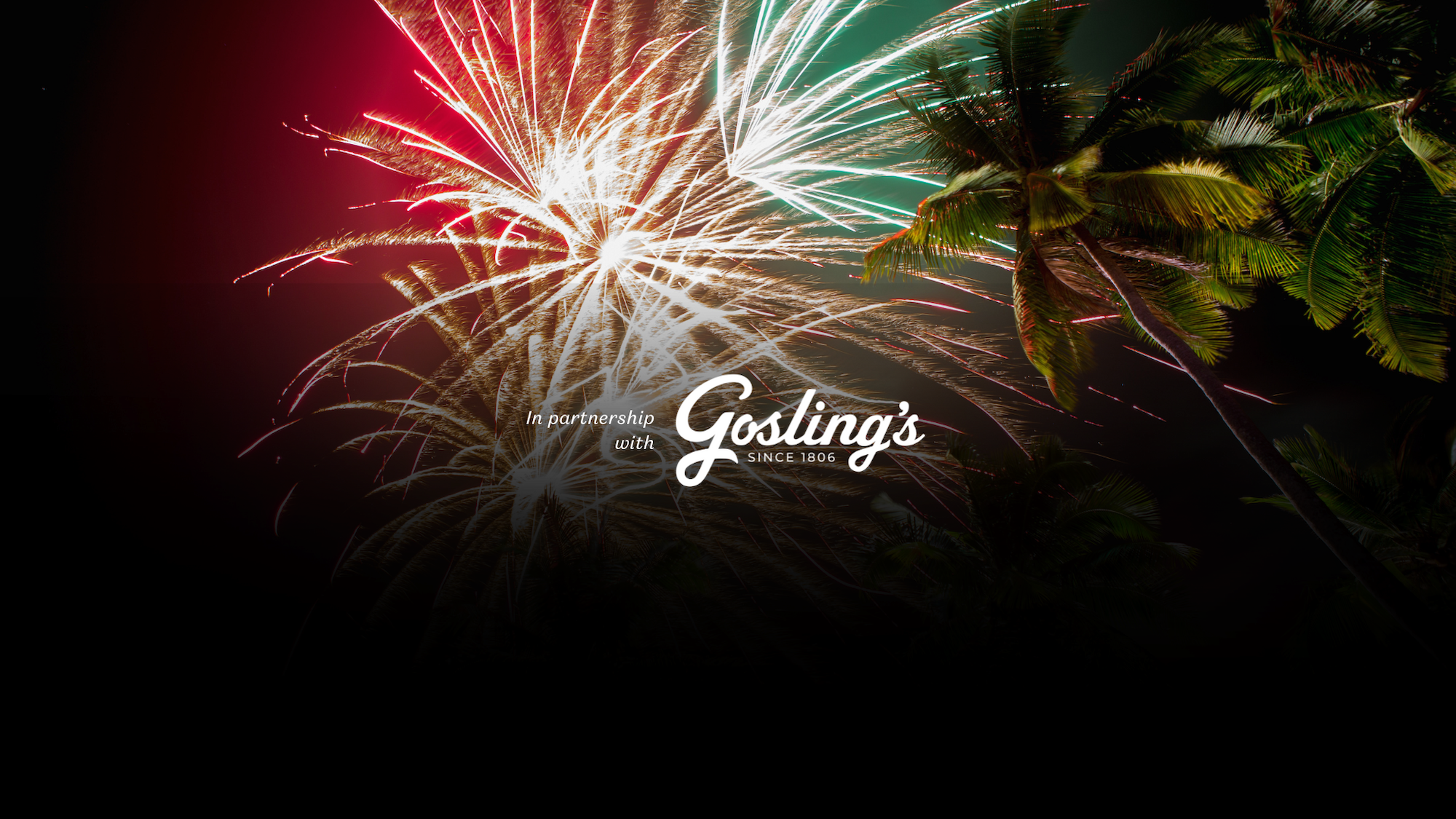 The image shows colorful fireworks exploding in the sky with palm trees and a logo saying 