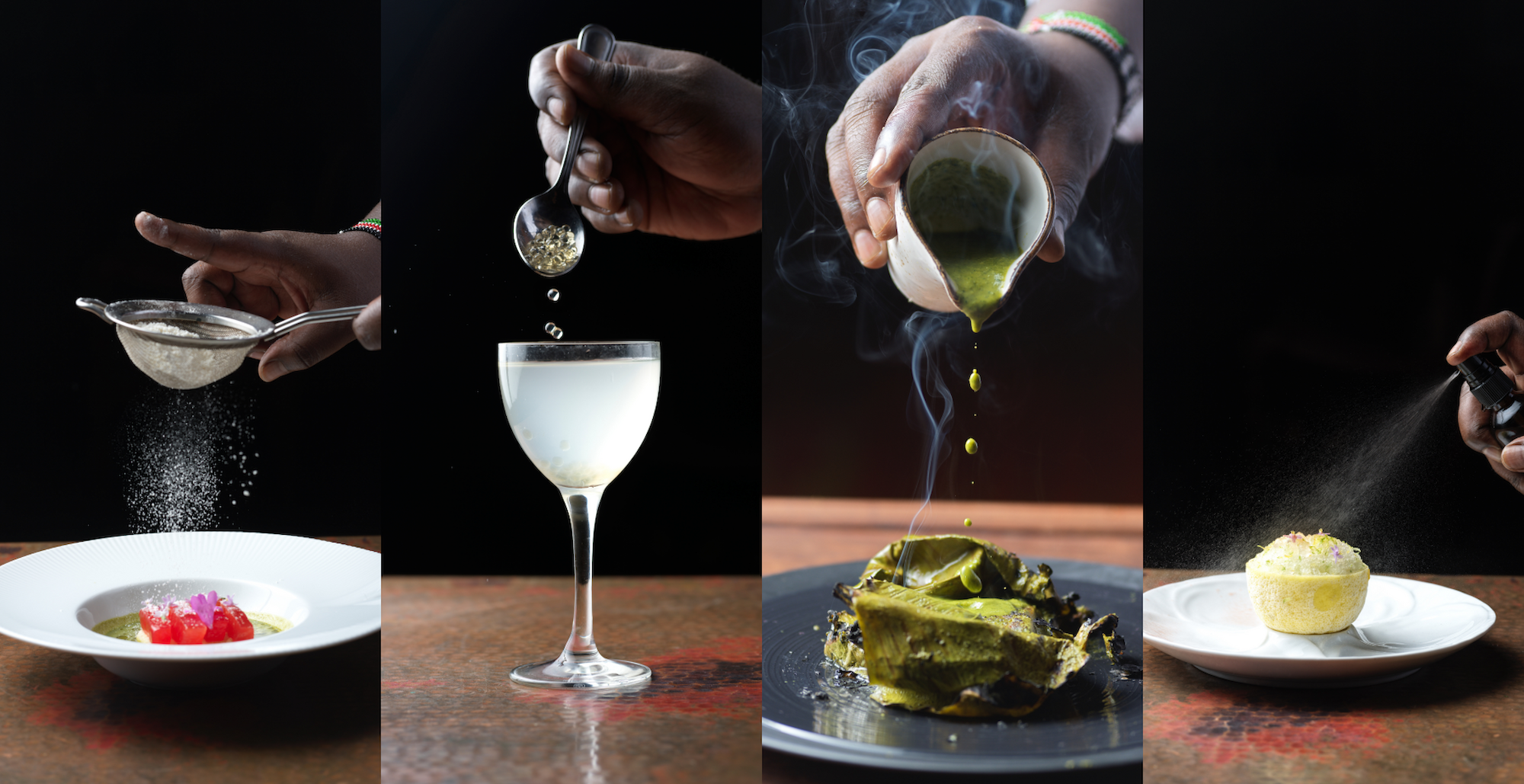 The image shows four panels: powdered sugar on dessert, liquid poured into a cocktail, sauce on a dish, and spray on a dessert.