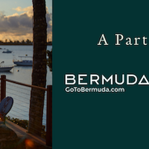 The image shows a scenic sunset view by the water with a dining setup, promoting a partnership with Bermuda Sunken Harbor Club.