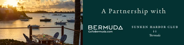 The image shows a scenic sunset view by the water with a dining setup, promoting a partnership with Bermuda Sunken Harbor Club.