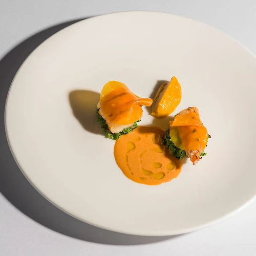 A gourmet dish featuring two pieces of food with orange sauce and garnish, artfully plated on a white plate.