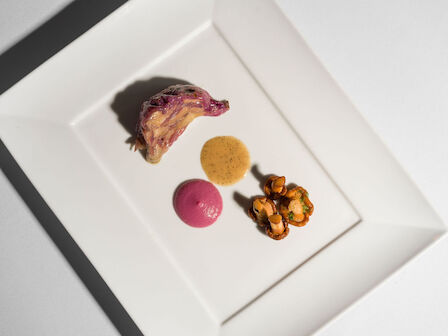 A gourmet dish on a square plate with a small portion of meat, two sauces, and a vegetable garnish arranged artfully.