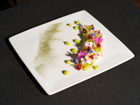 A gourmet dish on a square plate with colorful garnishes and green sauce dots, artfully arranged.