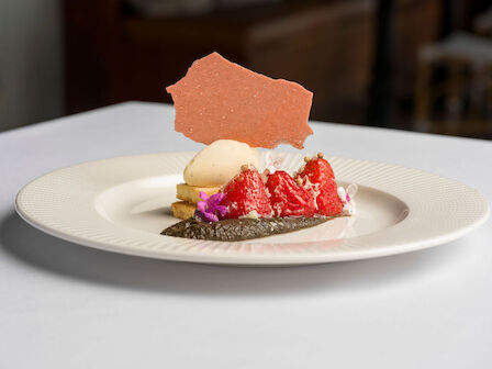 A gourmet dessert with ice cream, fruit, sauce, and a decorative wafer on a white plate is shown on a table.