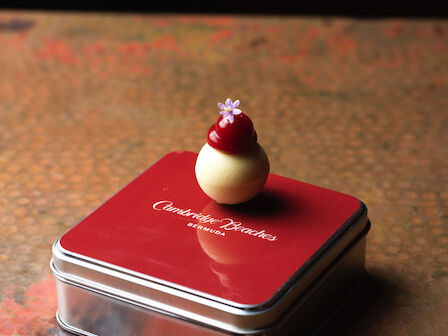 A red tin labeled "Chocolatier Paletina" with a small dessert, topped with a flower, is placed on top.